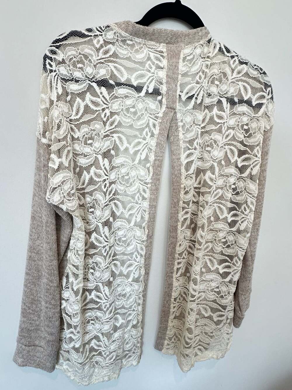 Altar'd State Beige Knit Cardigan with Floral Lace Back and Shoulder Detail - Picture 2 of 3